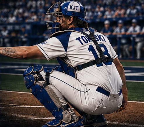 Tomski, number 18, in a catching stance at Dakota Wesleyan